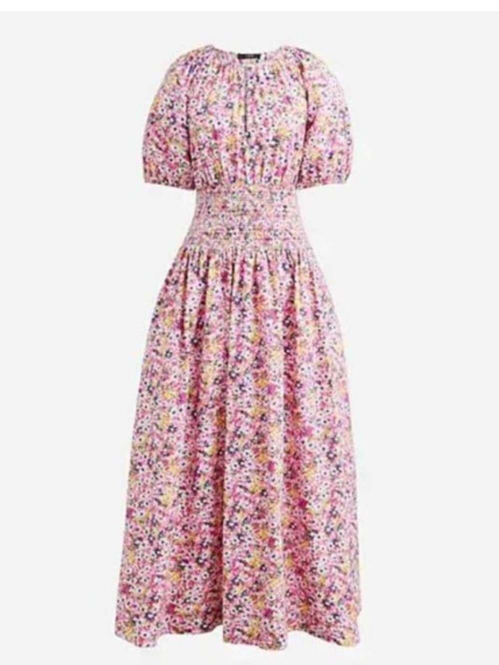 J. Crew Pink Floral Puff-Sleeve Maxi Dress with Smocked Waist